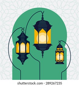 Beautiful vector Ramadan lanterns on Arabic doorway silhouette background with geometric oriental pattern. Ideal for greeting cards, banners and printables