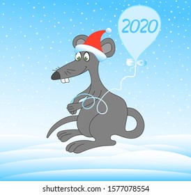 Beautiful vector rat holding a blue balloon with the sign "2020" on it. Merry Christmas vector illustration