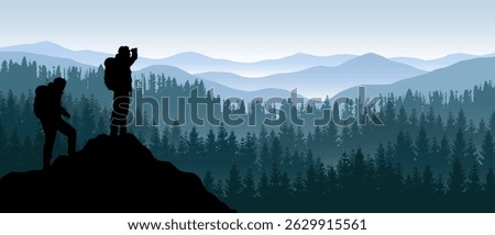 Beautiful vector realistic panoramic landscape with silhouettes of blue forested mountains and two hikers looking at view. 