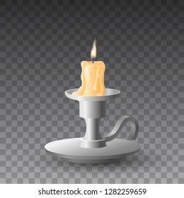 Beautiful vector of realistic yellow burning candle on metal candlestick on transparent background.   