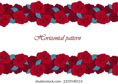 Beautiful vector red rose horizontal pattern on white background. Great element for your floral, botanic, organic design. Decorative, wedding, love poster.