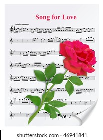 Beautiful vector red rose on notesheet on white