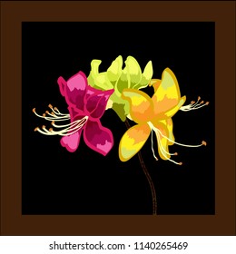 Beautiful vector rhododendron on a black background with green leaves