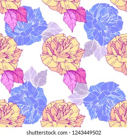 Beautiful vector rose. Floral botanical flower. Wild spring leaf. Golden and blue color engraved ink art. Seamless background pattern. Fabric wallpaper print texture.