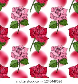 Beautiful vector rose. Floral botanical flower. Wild spring leaf. Red color engraved ink art. Seamless background pattern. Fabric wallpaper print texture.