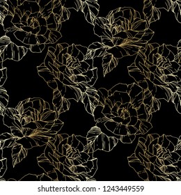 Beautiful vector rose. Floral botanical flower. Wild spring leaf. Golden engraved ink art. Seamless background pattern. Fabric wallpaper print texture.