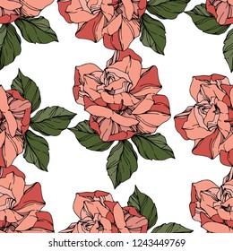 Beautiful vector rose. Floral botanical flower. Wild spring leaf. Coral color engraved ink art. Seamless background pattern. Fabric wallpaper print texture.