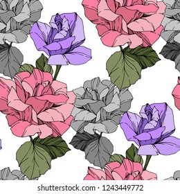 Beautiful vector rose. Floral botanical flower. Wild spring leaf. Pink and purple engraved ink art. Seamless background pattern. Fabric wallpaper print texture.
