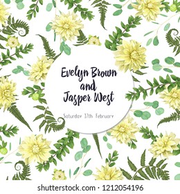 Beautiful vector round frame with flowers of yellow dahlia, leaves of fern leaf, branches of boxwood and eucalyptus on white background. For wedding invitations, postcards, posters.
