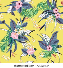 Beautiful vector seamless beautiful artistic bright tropical pattern with exotic forest. Colorful original stylish floral background print, bright rainbow colors on vivid yellow background. Beautiful vector seamless beautiful artistic bright tropical pattern with exotic forest. Colorful original stylish floral background print, bright rainbow colors on vivid yellow background.