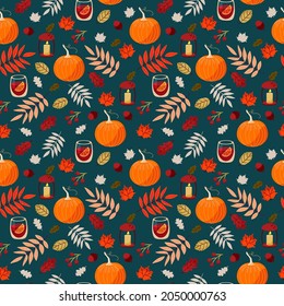 Beautiful vector seamless autumn with pumpkins, mulled wine, oak leaves, maple, acorns and berries on turquoise background . Pattern for thanksgiving, halloween, gift wrapping or textile.