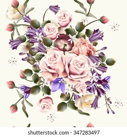 Beautiful vector seamless background or pattern with rose flowers and bells in vintage style
