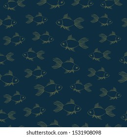 Beautiful vector seamless blue pattern with gold fish. Texture with colorful lines, shapes. Poster for your business design.