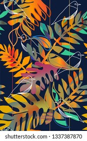 Beautiful vector seamless floral jungle pattern background.Abstract pattern with tropical leaves and bird.