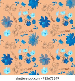 Beautiful vector seamless floral pattern with blue cosmos flowers and lettering on light orange background.