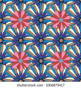 Beautiful vector seamless flower pattern in stained-glass window style (blue, pink and beige colors). You can use it for invitations, postcards, cards, wallpapers and so on.