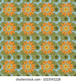 Beautiful vector seamless flower pattern in stained-glass window style (green, blue and orange colors). You can use it for invitations, postcards, cards, wallpapers and so on.