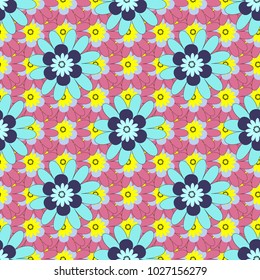 Beautiful vector seamless flower pattern in stained-glass window style (pink, blue and yellow colors). You can use it for invitations, phone cases, postcards, cards, wallpapers and so on.