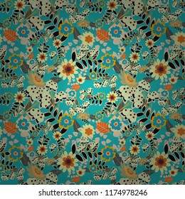 Beautiful vector seamless flower pattern in stained-glass window style (yellow, blue and beige colors). You can use it for invitations, postcards, cards, wallpapers and so on.