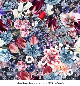 Beautiful vector seamless flower pattern in vintage style with tulips, bells, cornflowers, roses, lilac