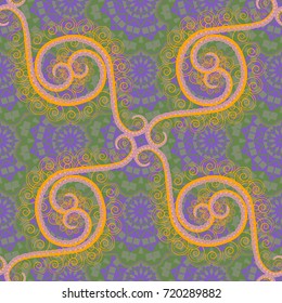 Beautiful vector seamless flower pattern in stained-glass window style (neutral, green and violet colors). You can use for postcards, wrapping, cards, wallpapers and so on.