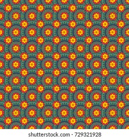 Beautiful vector seamless flower pattern in stained-glass window style (blue, red, yellow colors). You can use it for invitations, notebook covers, phone cases, postcards, cards, wallpapers and so on.