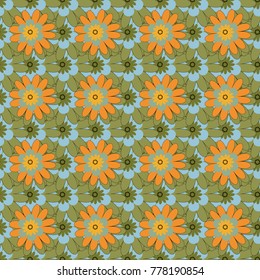 Beautiful vector seamless flower pattern in stained-glass window style (green, blue and orange colors). You can use it for invitations, postcards, cards, wallpapers and so on.