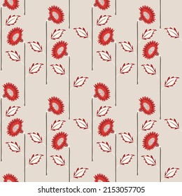 Beautiful vector seamless ornament in folk style with flowers and leaves on long stems, similar to sunflower, poppy. Red, beige, on a gray background. wallpaper, packaging, textiles, tiles, fabric