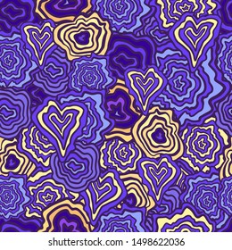 Beautiful vector seamless pattern in amazing violet palette. Colorful hearts and circles. Perfectly for interior design, wallpaper, wrapping paper, bed linen, kids bedding, cover, fashion, textile.