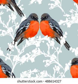 Beautiful vector seamless pattern background with bird bullfinch, a winter bird, Christmas robin bird