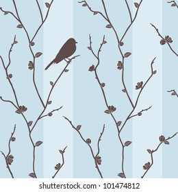 Beautiful vector seamless pattern with bird on sakura branches