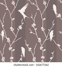 Beautiful vector seamless pattern with bird on sakura branches