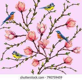 Beautiful vector seamless pattern with birds, tropical japanese flowers, magnolia flowers,  spring wallpaper, branches. Perfect for wallpapers, web page backgrounds, surface textures, textile.