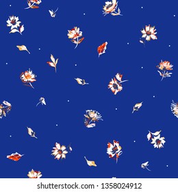 Beautiful Vector seamless pattern blowing meadow flowers random repeat made from hand paint brush strokes.Design for fashion , fabric,web,wallaper , and all print on summer blue background color