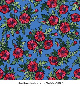 Beautiful vector seamless pattern with bright colorful red poppy flowers and leafs on blue background