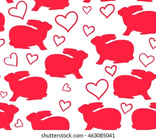 Beautiful vector seamless pattern with bunnies and hearts. You can use it as Valentine's card or invitation