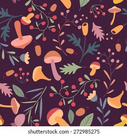 Beautiful vector seamless pattern. Seamless pattern can be used for wallpaper, wrapping paper, package, covers. Plants, flowers, mushrooms, berries, leaves