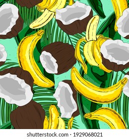 beautiful vector seamless pattern coconut banana palm leaves