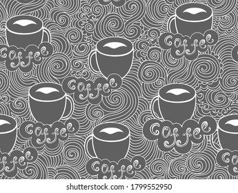 Beautiful vector seamless pattern with coffee cups and label "Coffee" hand drawn over the linear ornament