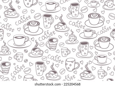 Beautiful vector seamless pattern with coffee cups and coffee beans