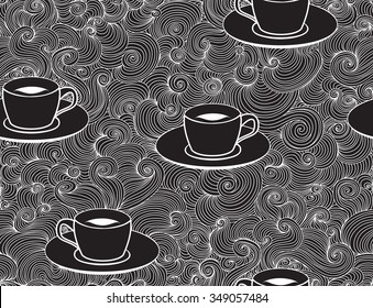 Beautiful vector seamless pattern with coffee cups and lacy ornament, chalk drawn effect