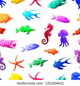 Beautiful vector seamless pattern with colorful sea fish in Low Poly style