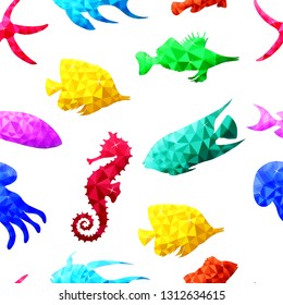 Beautiful vector seamless pattern with colorful sea fish in Low Poly style