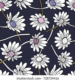 Beautiful vector seamless pattern with colorful flowers camomiles.
Suitable for festive invitations, fashion industry, textile, stickers and other.