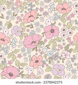 Beautiful vector seamless pattern with cute colorful abstract flowers and white rabbits. Stock print illustration. Popular design.