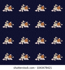 Beautiful vector seamless pattern for decoration and design. Exquisite pattern with rose flowers in vintage style. Trendy print with ditsy rose flowers and leaves in gray, beige and black colors.