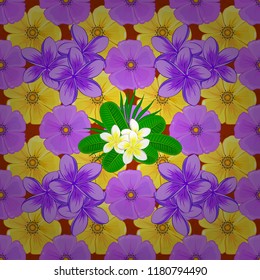 Beautiful vector seamless pattern for decoration and design. Exquisite pattern with plumeria flowers in vintage style. Trendy print with ditsy plumeria flowers in pink, violet and yellow colors.