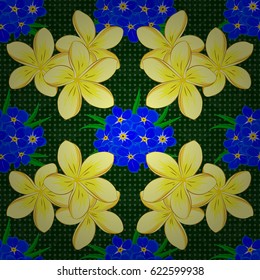 Beautiful vector seamless pattern for decoration and design. Exquisite pattern with plumeria flowers in vintage style. Trendy print with watercolor ditsy plumeria flowers on a green background.