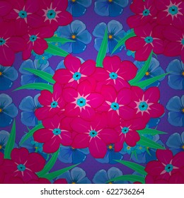 Beautiful vector seamless pattern for decoration and design. Exquisite pattern with primrose flowers in vintage style. Trendy print with watercolor ditsy primrose flowers on a violet background.