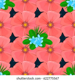 Beautiful vector seamless pattern for decoration and design. Exquisite pattern with cosmos flowers in vintage style. Trendy print with watercolor ditsy cosmos flowers on a blue background.